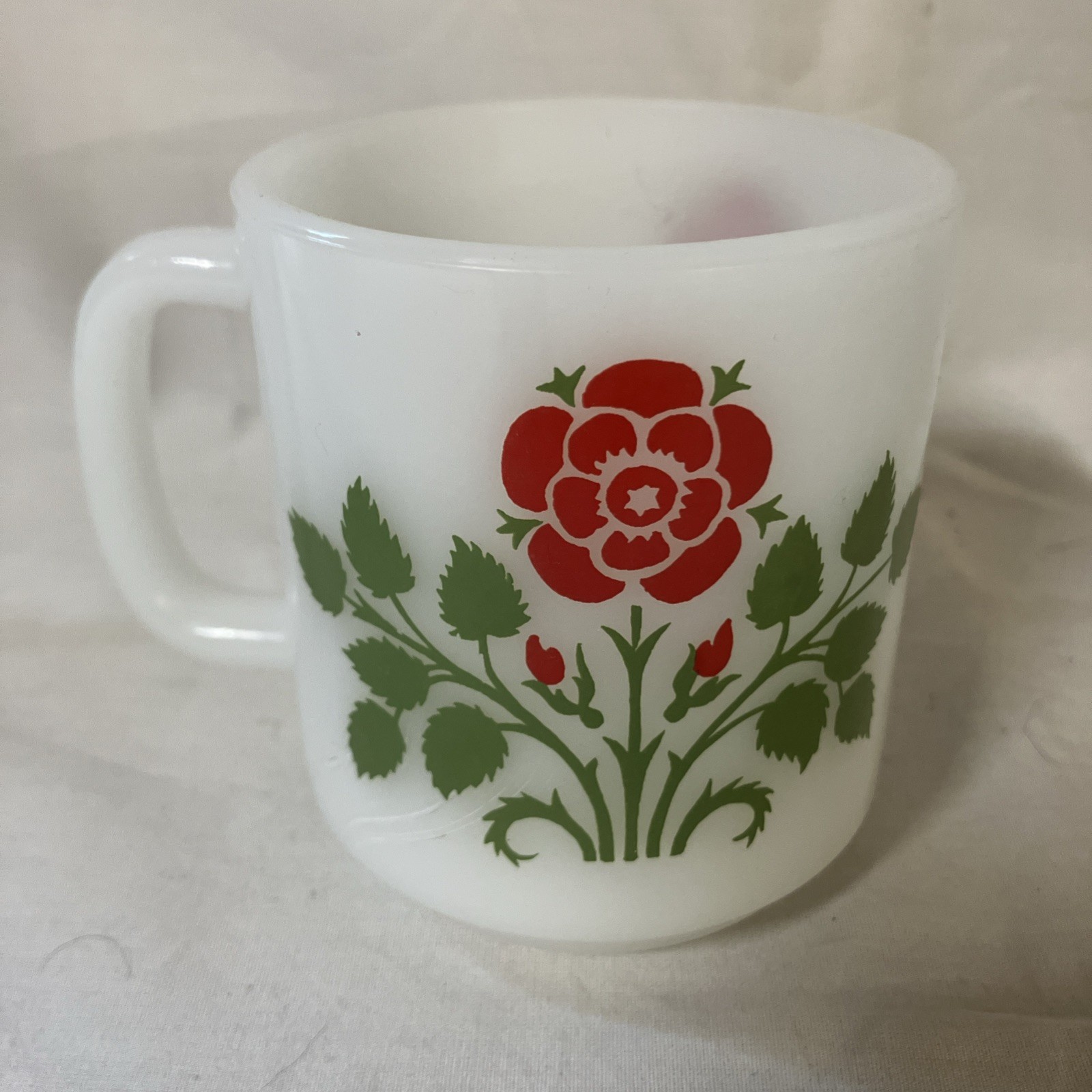 Vintage Glasbake Retro Red Rose Bud Flower Coffee Cup Mug White Milk Glass FS! gallery