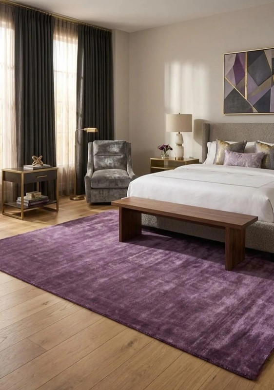 Purple Viscose Silk Rug, Solid Plum Area Rug, Soft Handmade Living Room Carpet gallery