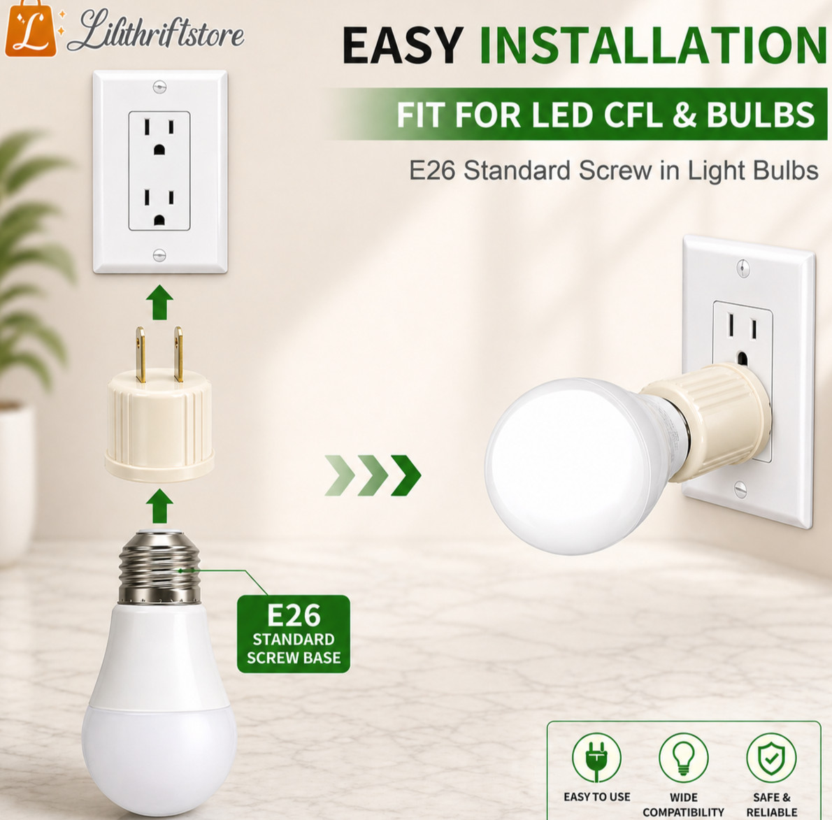 4 Pack E26 Light Socket to Plug Adapter 110V Outlet Converter Bulb Base US gallery