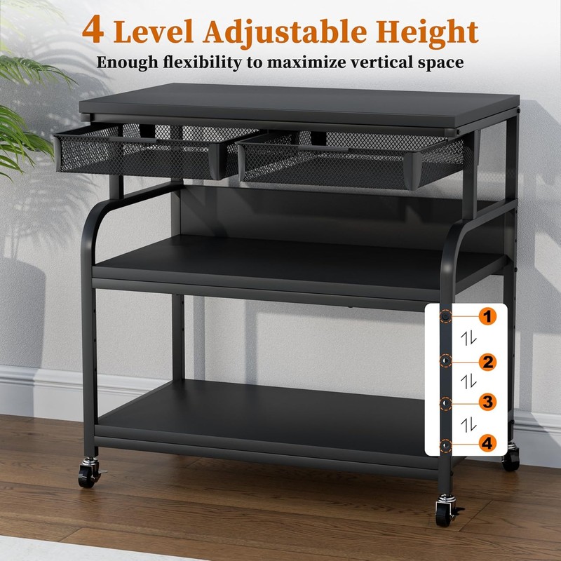 Industrial Printer Cart 3 Tier 2 Pull-Out Drawers 130LBS Mobile Wood Stand Black gallery