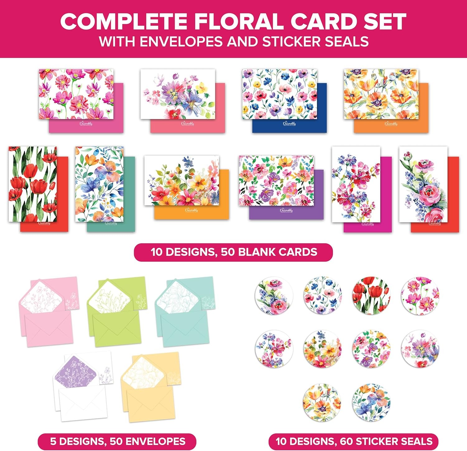 Decorably 50 Pack 6x4in Flower Note Cards 4 inches by 6 inches, Multicolored gallery