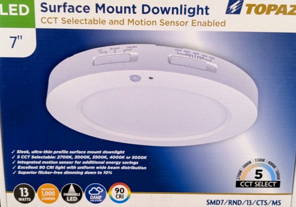 TOPAZ 7" LED SURFACE MOUNT ROUND DOWNLIGHT FIXTURE CCT SELECT MOTION SENSOR SMD7