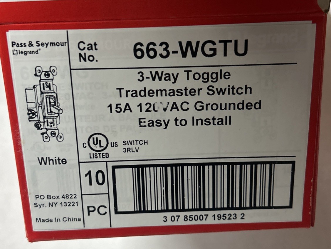 10 Pass & Seymour White RESIDENTIAL Toggle Light Switches 3-Way 15A 663-WGTU gallery