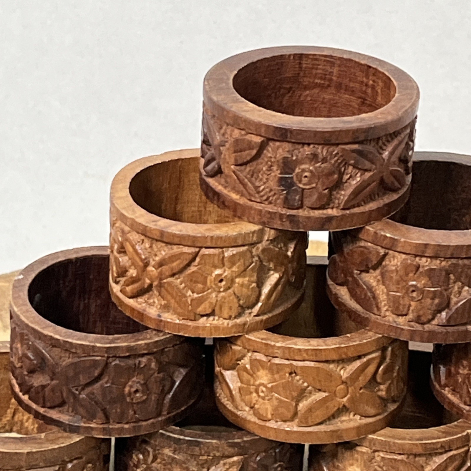 Vintage Napkin Rings Holders RETRO Boho Hand CARVED Wood India Set Of 10 gallery