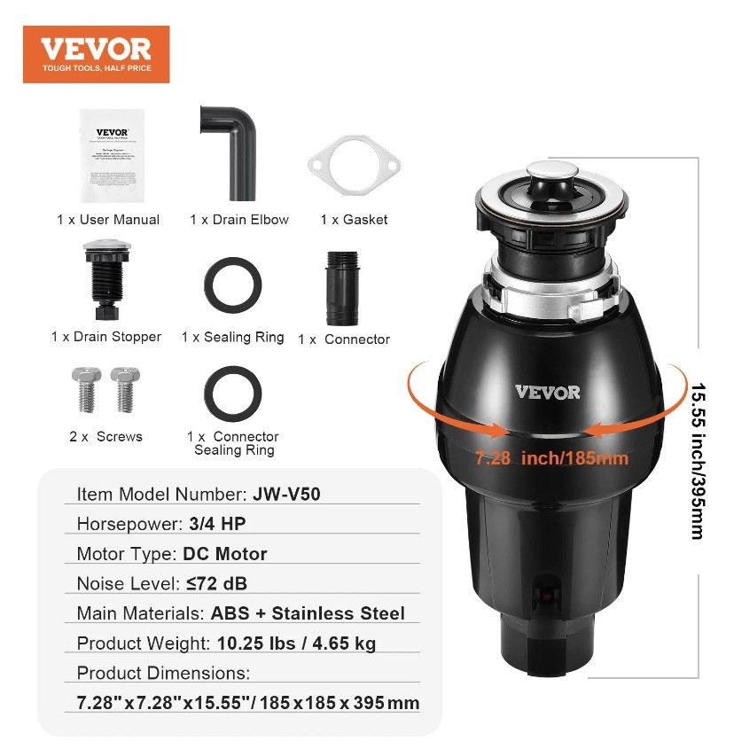 NIB VEVOR Garbage Disposal 3/4 HP Continuous Food Waste Disposer - Corded gallery