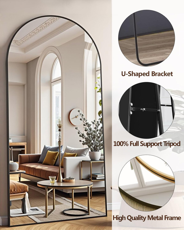 Oversized 71" Arched Full-Length Mirror with HD Glass - Black Floor/Wall Mount gallery