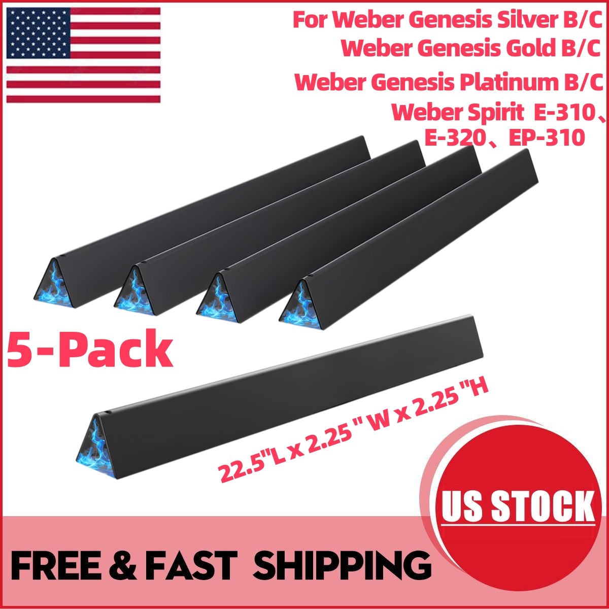 5-Pack 22.5" BBQ Flavorizer Bars for Weber Genesis Silver Gold Spirit E-310/300 gallery