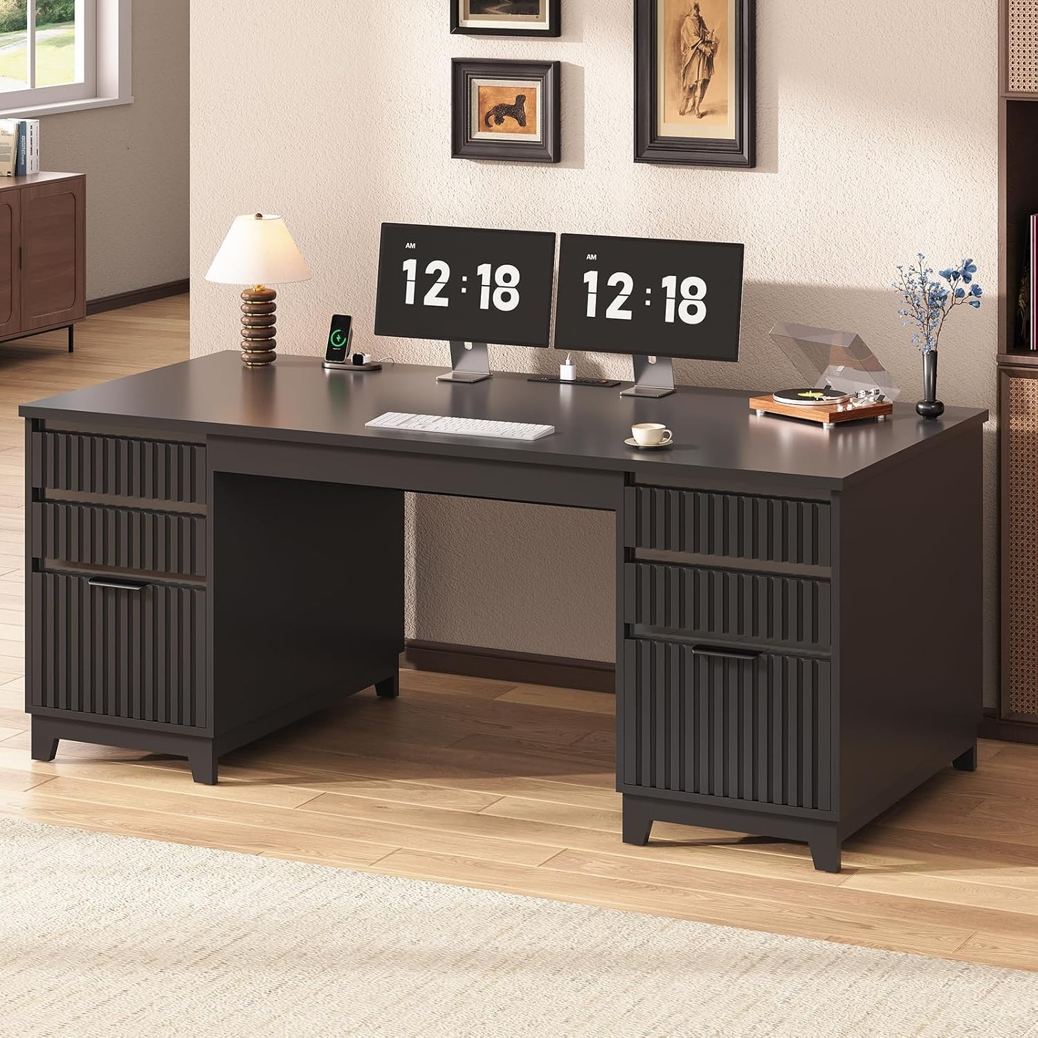 55.1" Fluted Computer Desk with 6 Drawers Modern Executive Desk for Home Office gallery