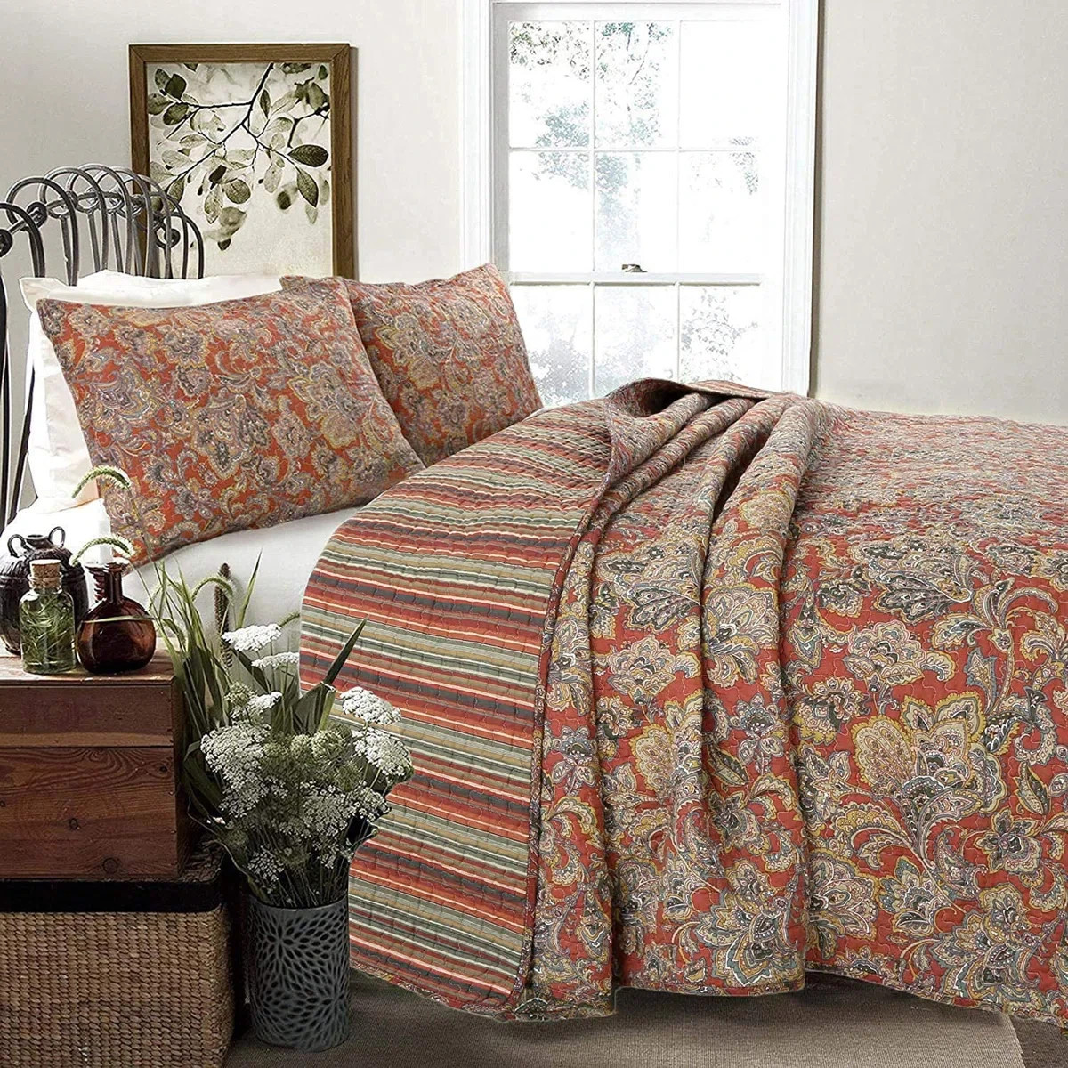 NEW! ~ COZY CHIC RICH BROWN COPPER GREY BLUE YELLOW SCROLL LEAF SOFT QUILT SET gallery