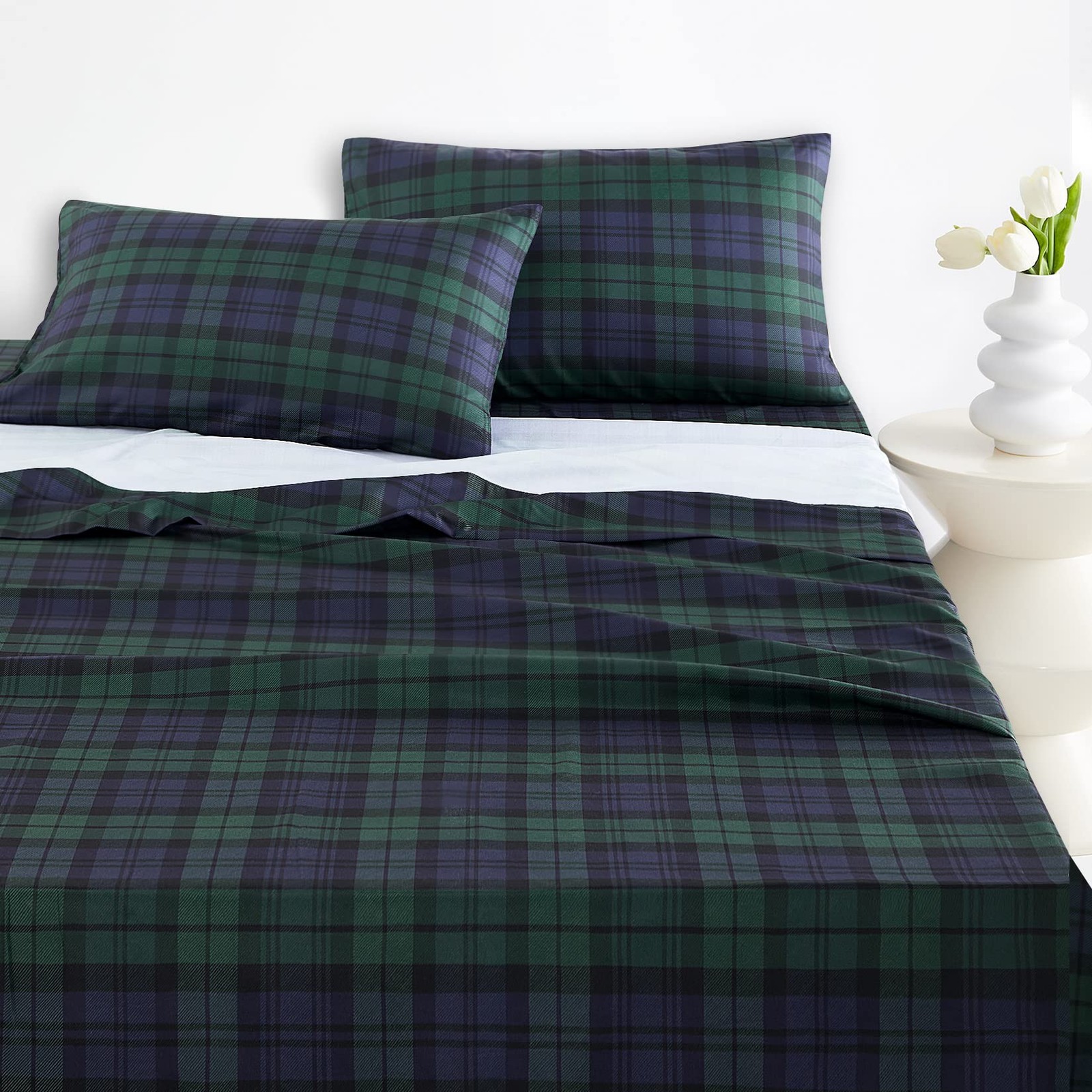 Wake In Cloud - Plaid Bed Sheets, 4-Piece Sheet Set, Queen, Dark Green gallery