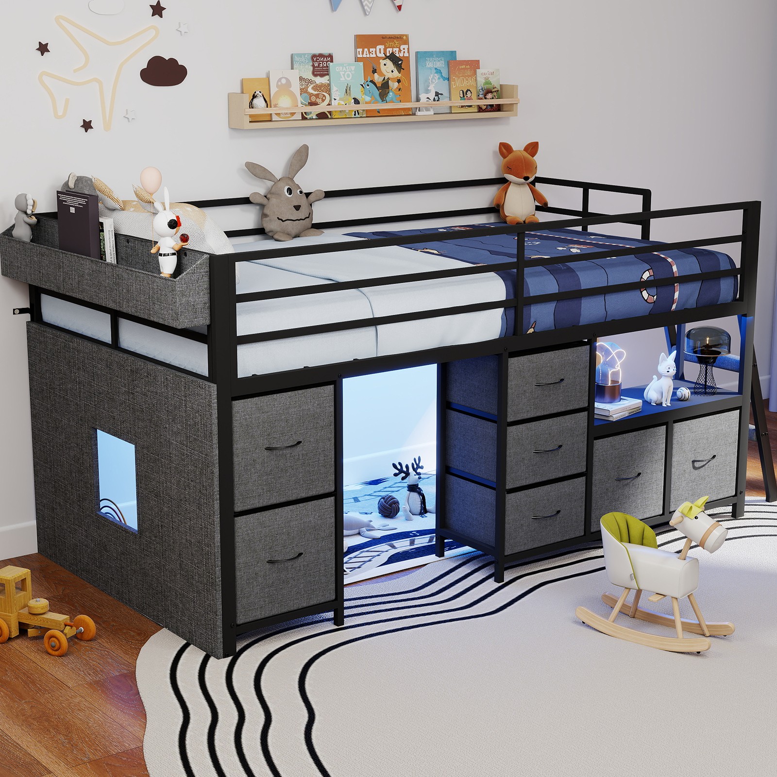 Twin Size Loft Bed Frame with 7 Storage Drawers, Bookcase Desk and LED Lights gallery