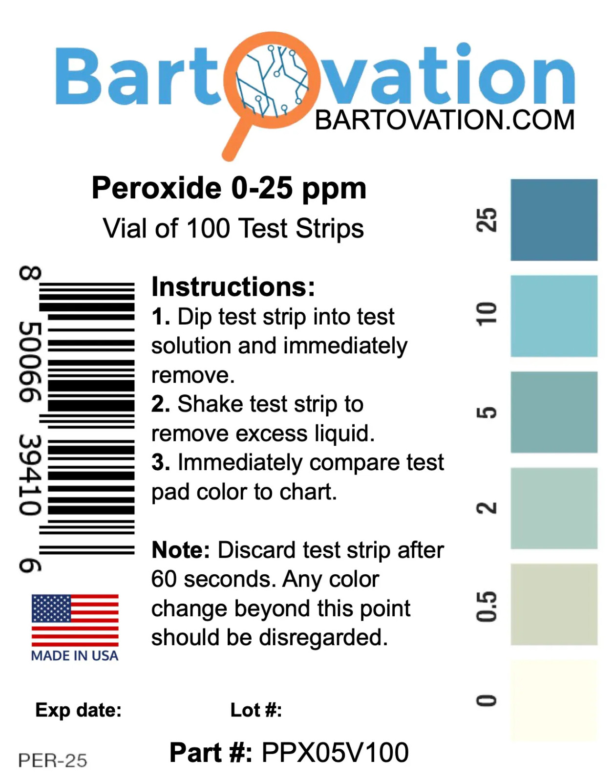 Hydrogen Peroxide H2O2 Test Strips, Low Level, 0-25 ppm [Vial of 100 Strips] gallery