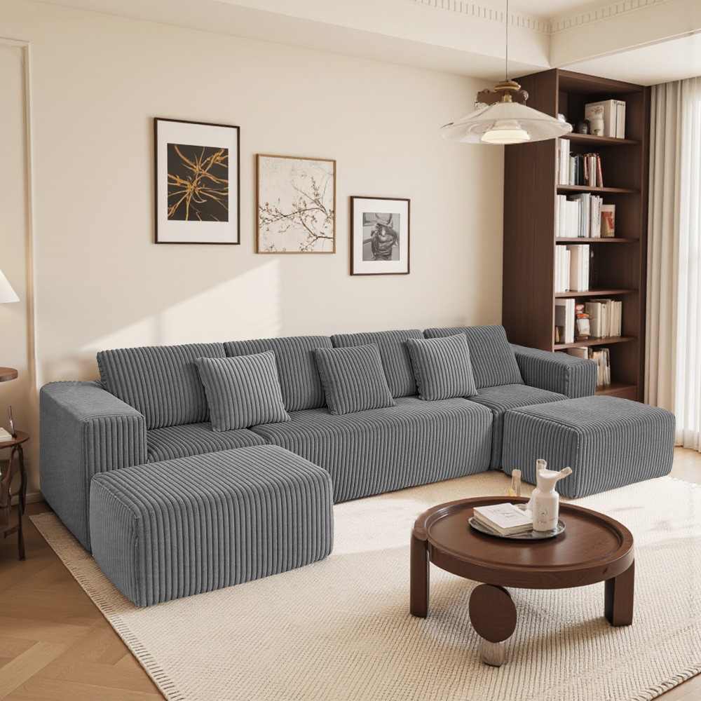 132" Modular U-Shaped Sectional, Gray Striped Corduroy, Reversible Chaise gallery