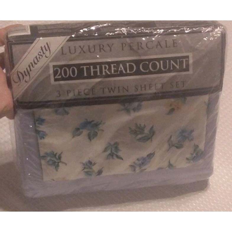 Dynasty Luxury Percale 200 Thread Count 3 Piece Twin Sheet Set Blue Floral New