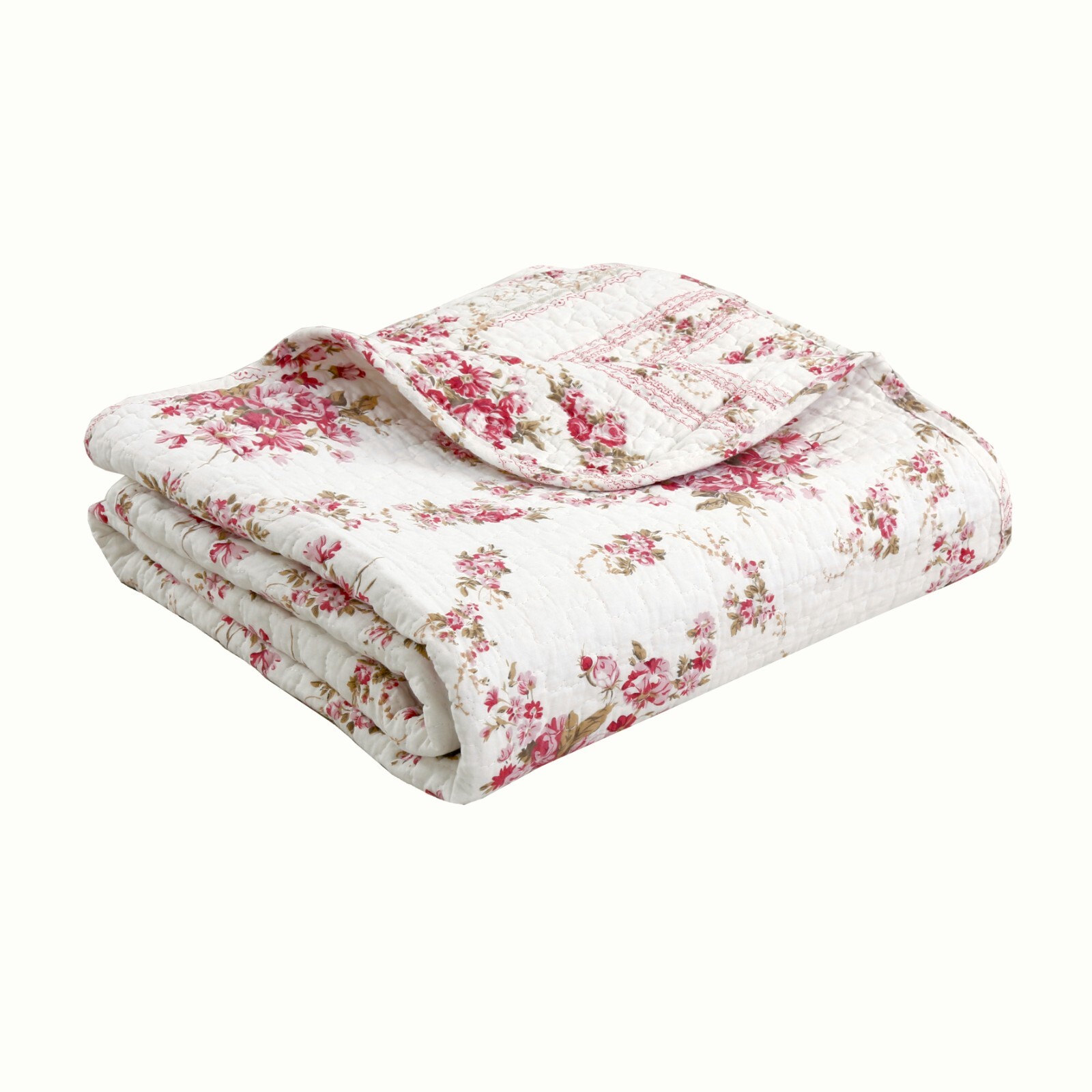 Fuchsia Red Rose White Floral Printed Reversible Cotton Quilted Throw gallery