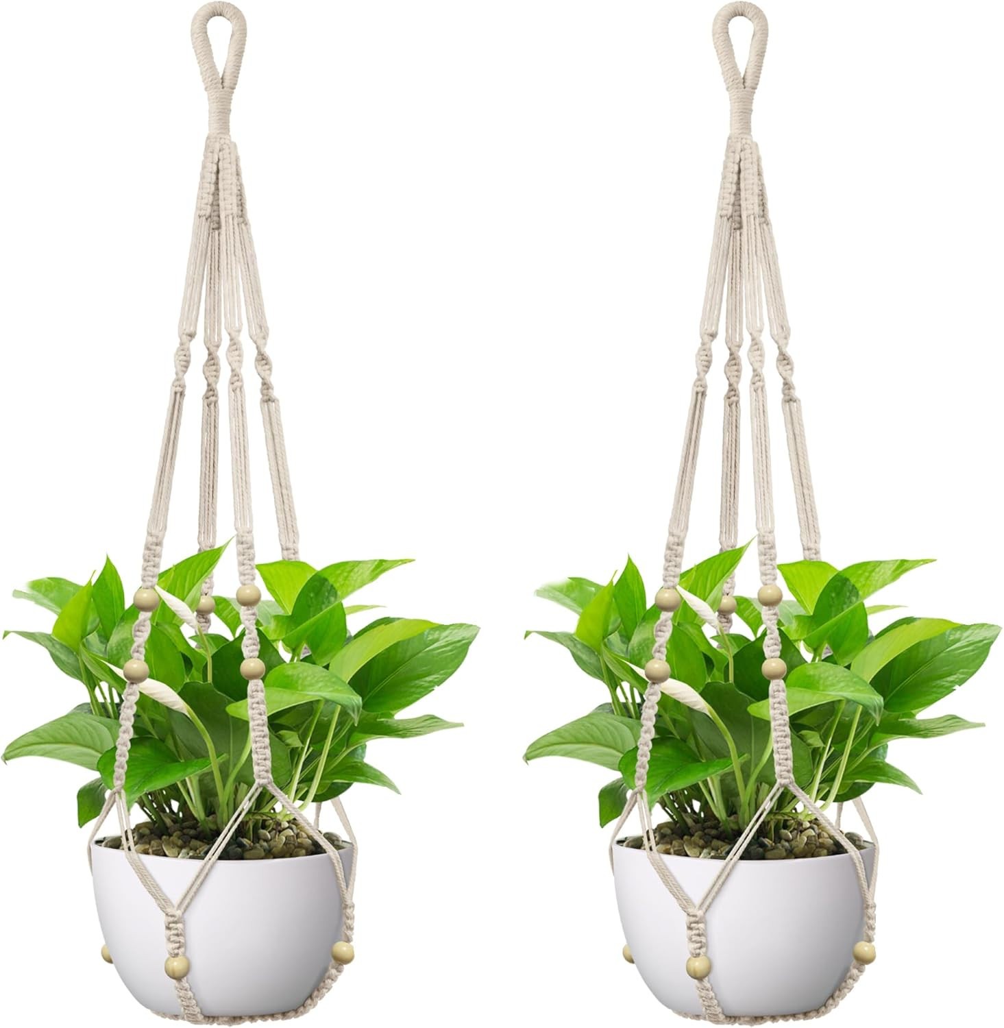 SET OF TWO- 35" Macrame Boho Wood Bead Plant Hangers Ivory/White Fits 4-15" Pots gallery