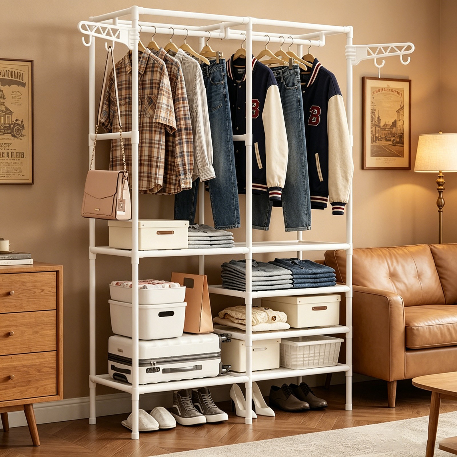 Portable Closet System,Freestanding Clothes Rack,Metal Organizer Shelves (White) gallery