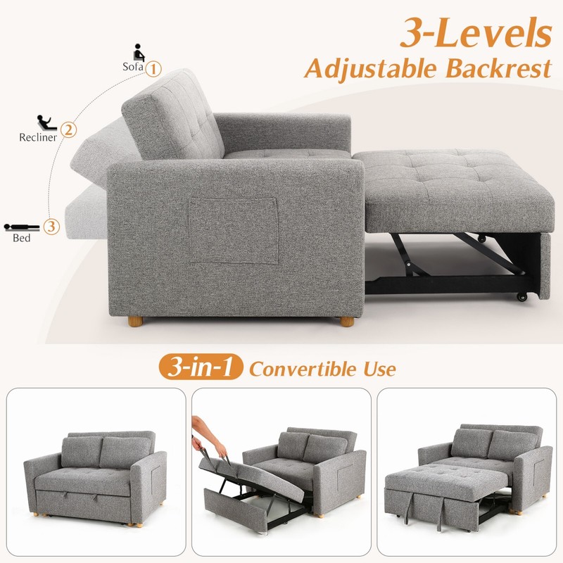 3-in-1 Convertible Pull Out Sleeper Sofa Bed with Storage Pockets & 2 Pillows US gallery