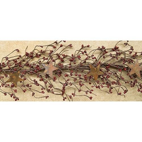 NEW Primitive Pip Berry Garland w/ Rusty 2" Stars BURGUNDY BERRIES 40" Crafts gallery