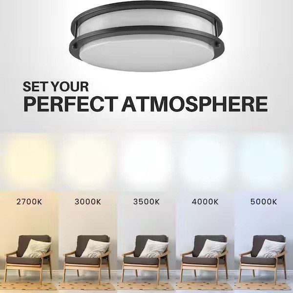 14in Double Ring LED Ceiling Light, Matte Black, 24W 1800lm 120V gallery