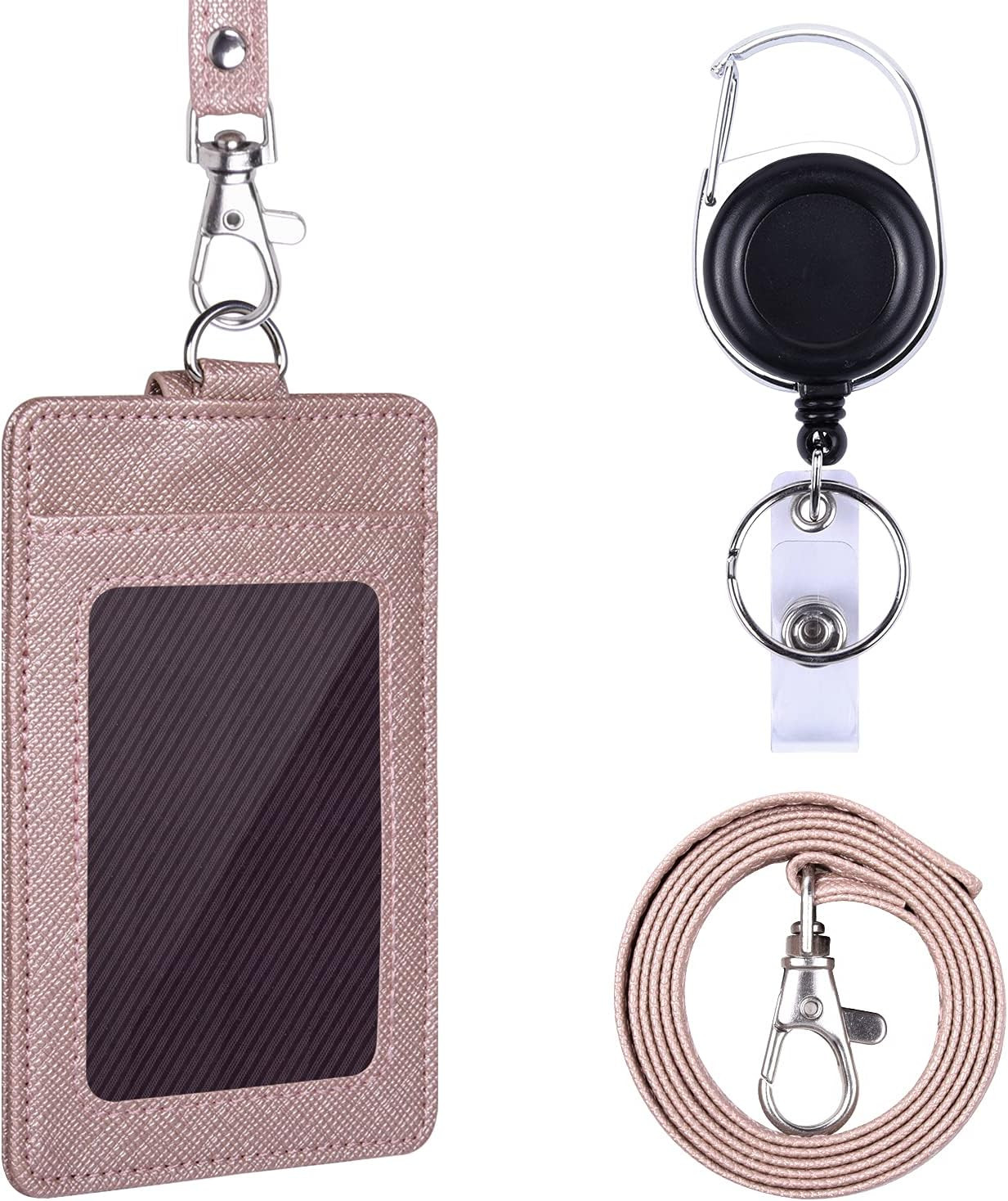 Retractable Badge Holder with Lanyard, Double Sided PU Leather ID Card Holder wi gallery