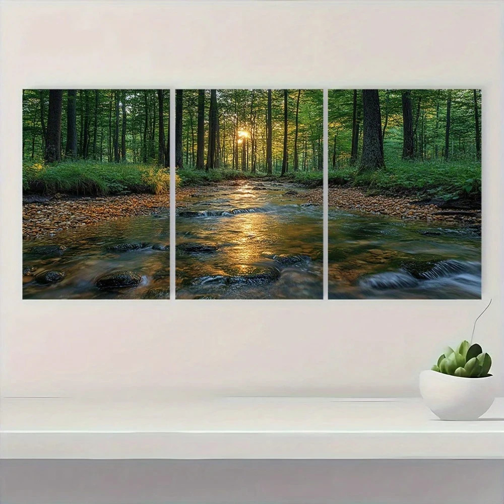 3pcs Serene Forest Stream Scene Metal Print Ready to Hang Art gallery