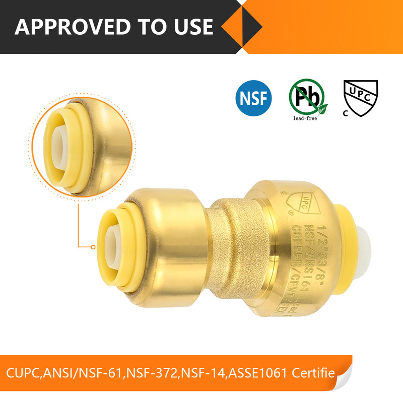 EFIELD (2 to100 Pack) 1/2"Push Fit×3/8"Reducing Coupling Brass Fitting Lead Free gallery