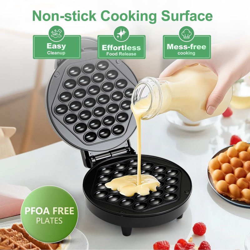 7" 1000W Bubble Waffle Maker, Nonstick, 5 Min Ready w/Recipe Guide gallery