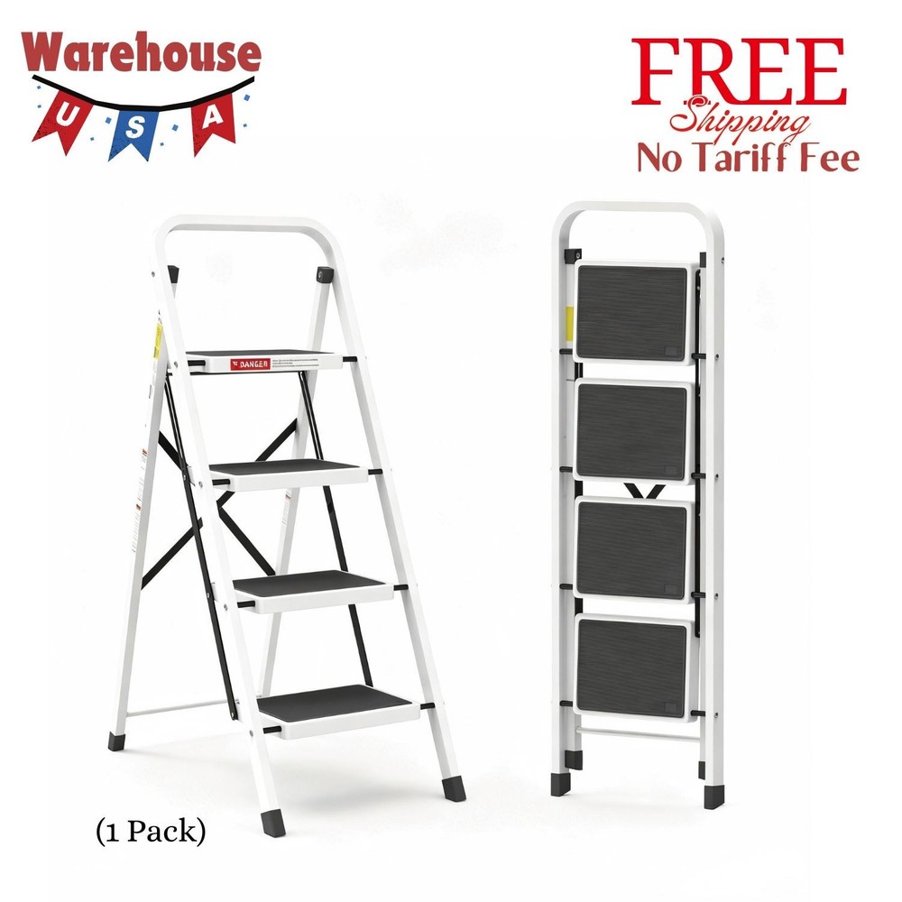 4 Step Folding Ladder, Lightweight Portable Step Stool, 330 Lbs Capacity, White