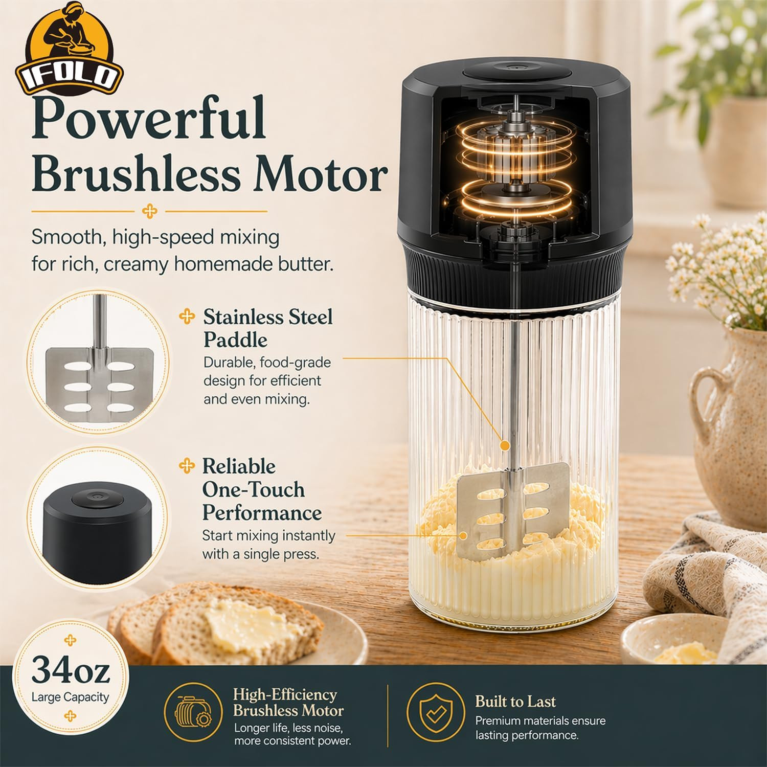 IFOLO Electric Butter Churn – One-Touch Butter Maker in 5–10 Mins, 34Oz Glass Ja gallery