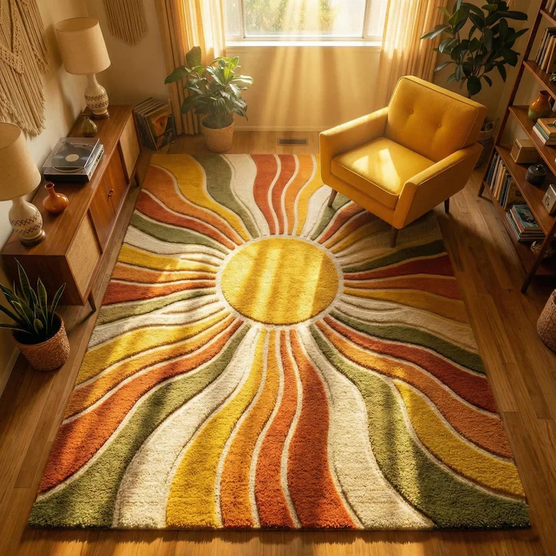 Sunburst Boho Wool Area Rug Mid Century Living Room gallery