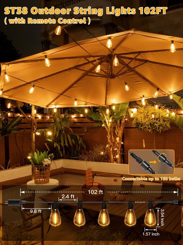 102FT Remote Dimmable Outdoor String Lights, IP45, 39 Shatterproof Edison Bulbs gallery