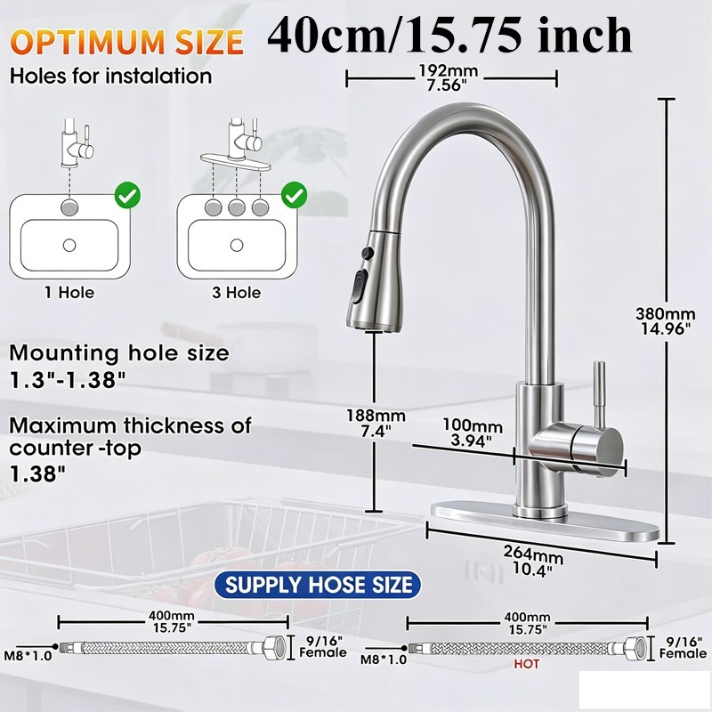 Kitchen Faucet Pull Down Sprayer Swivel Spout 3 Holes Brushed Nickel Mixer Tap gallery