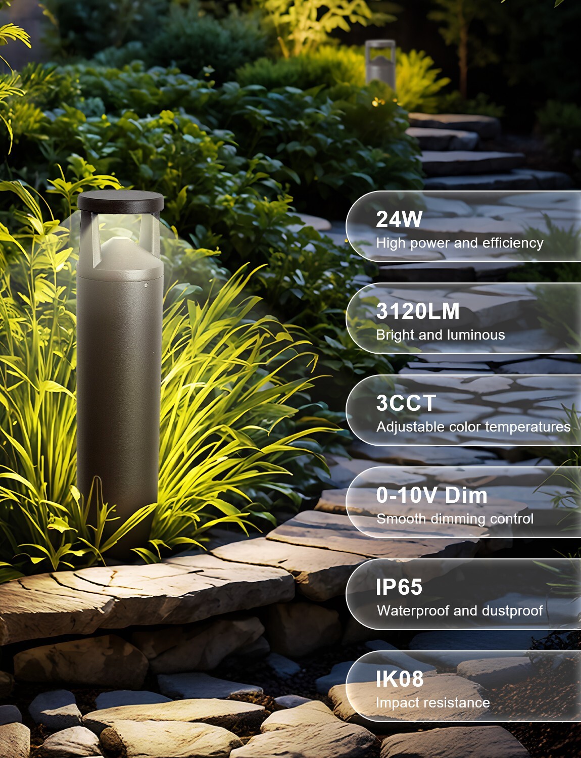 LED Bollard light 42" 24W 3CCT Landscape Light for Garden Pathway IP65 UL& DLC gallery