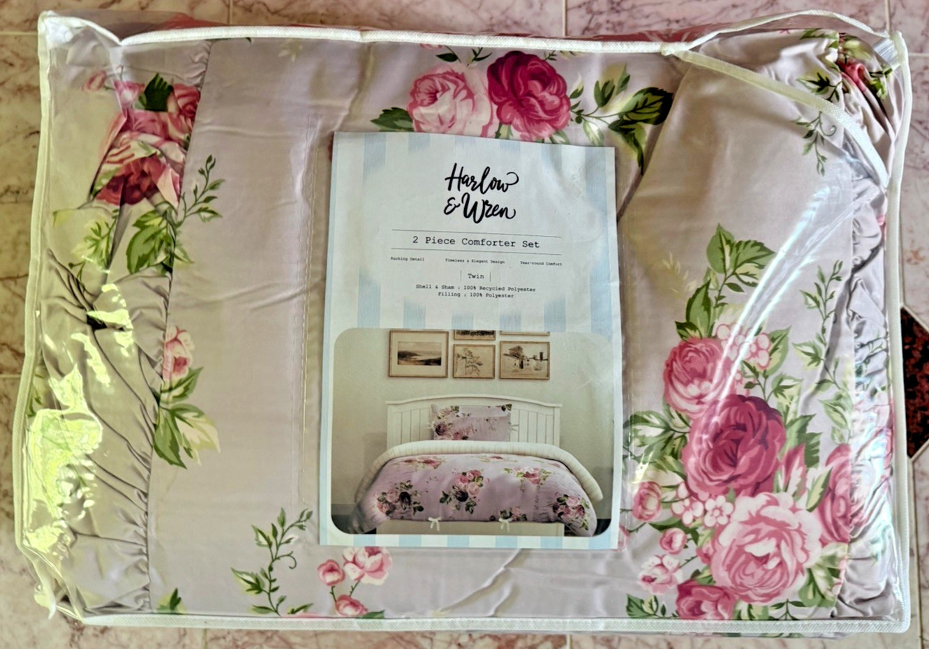 NEW Harlow & Wren Twin Ruched Comforter 2pc Set Pink Rose Floral gallery