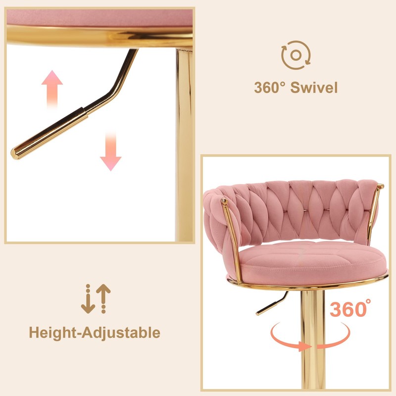 2 PCS Bar Stools Adjustable Counter Height Velvet Woven Kitchen Island Pink gallery