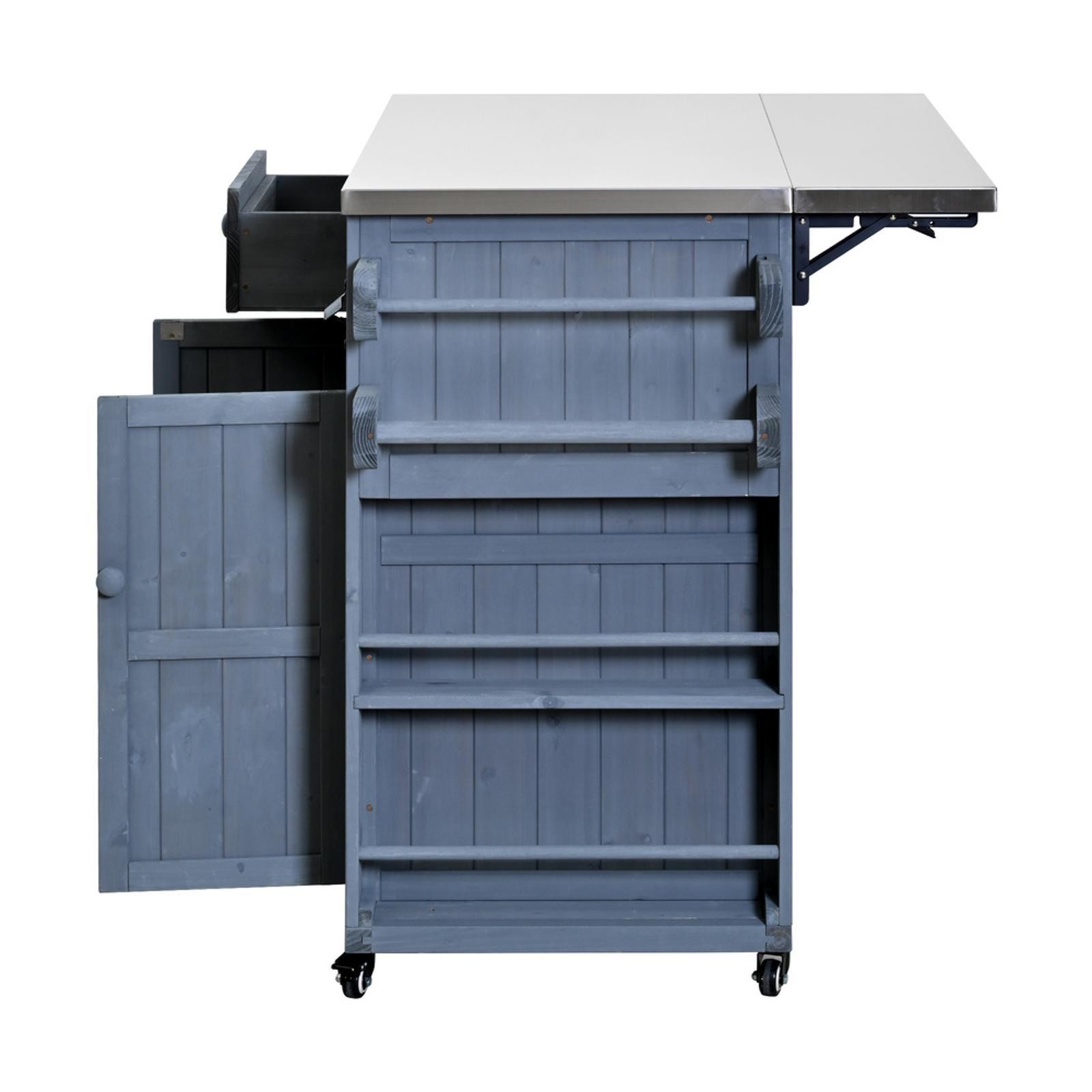 Solid Fir Wood Outdoor Kitchen Cart, Stainless Top, Side , Drawers & Wheels, gallery