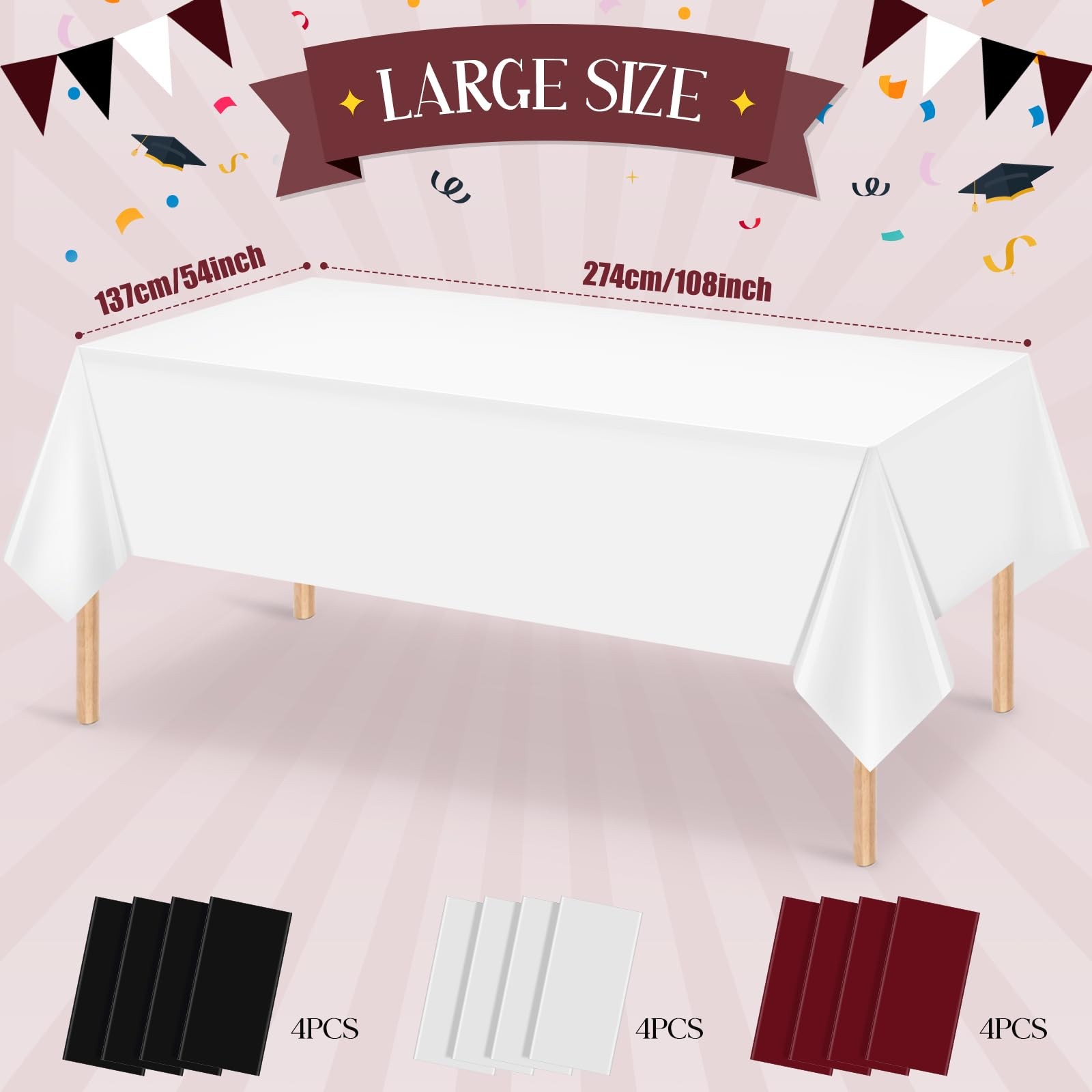 12 Pcs Maroon Black White Plastic Tablecloths Bulk,54 x 108 Inch Disposable R... gallery