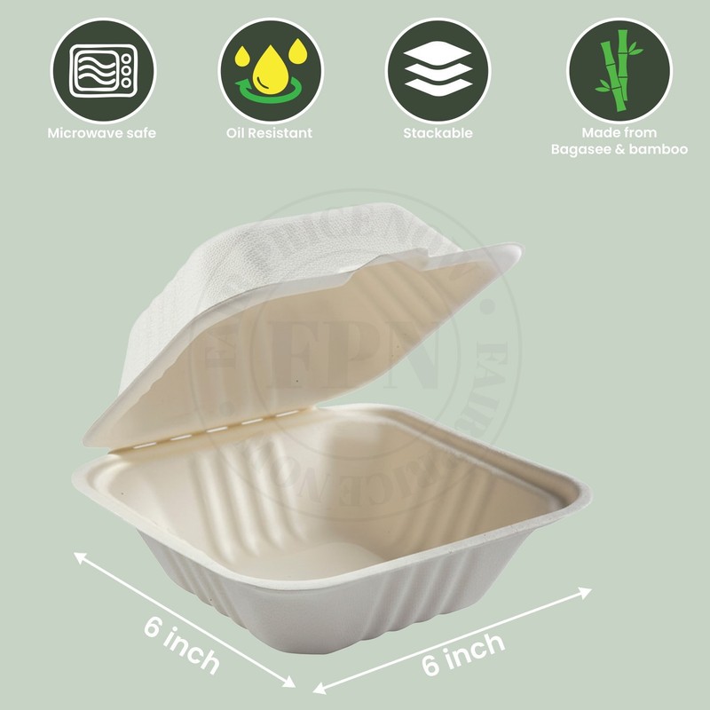 FPN Paper Clamshell Boxes Compostable Takeout Boxes ( 6x6 - 75/150 Ct) gallery