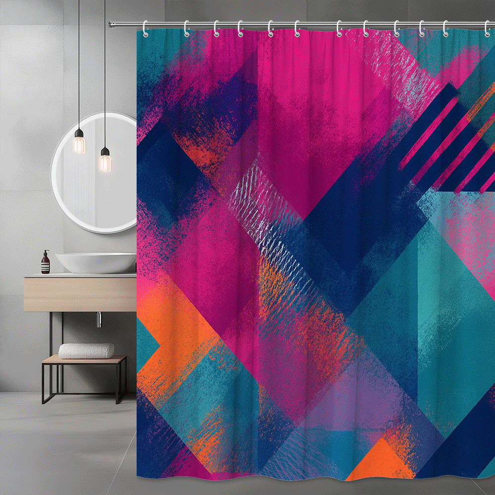 Abstract Geometric Shower Curtain Pink Blue Orange Print gallery