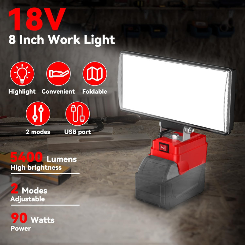 Cordless 8" LED Work Light for Milwaukee M18, 5400 Lumens, USB Charging gallery