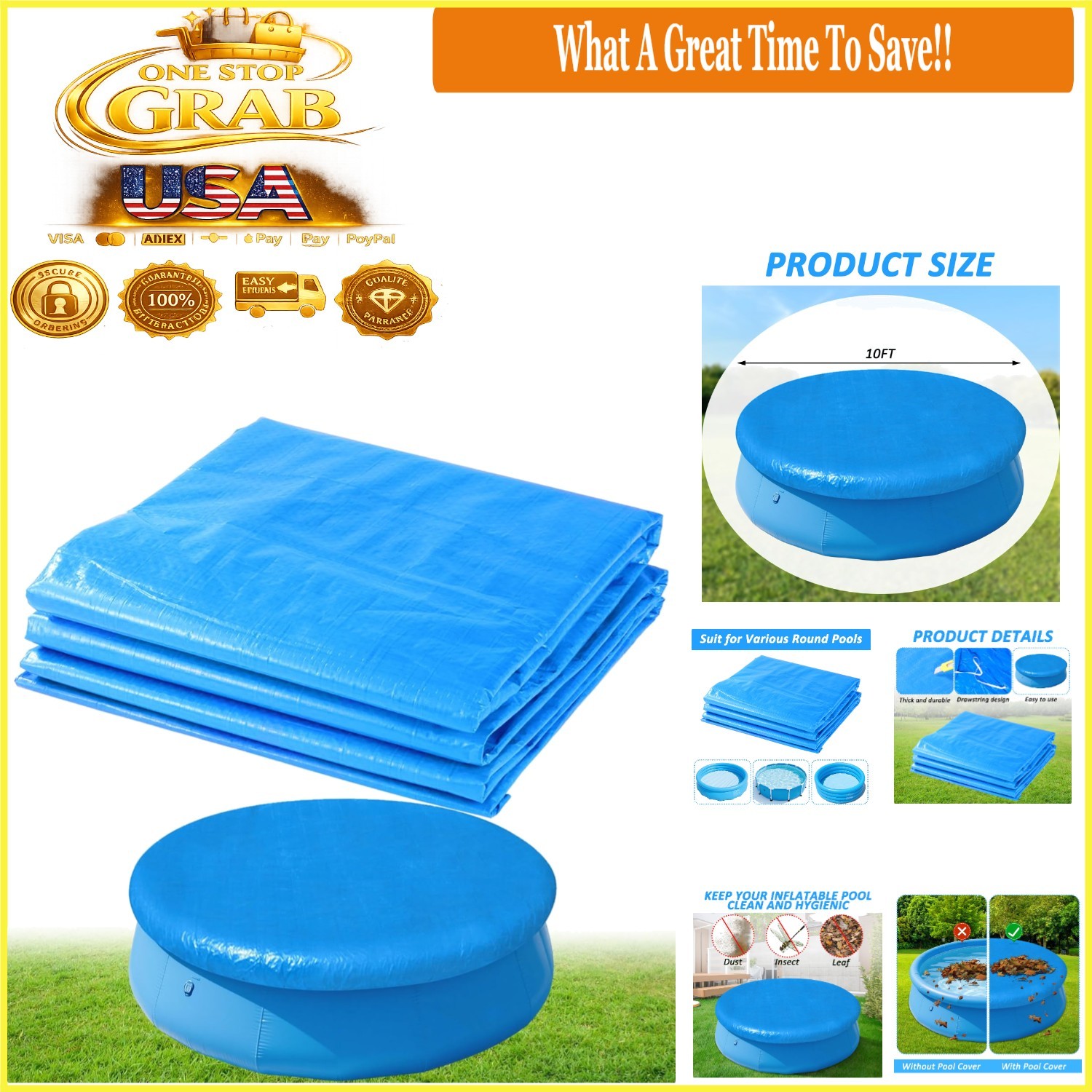 10FT Round Inflatable Pool Cover Solar Cover with Drawstring for Above Ground... gallery