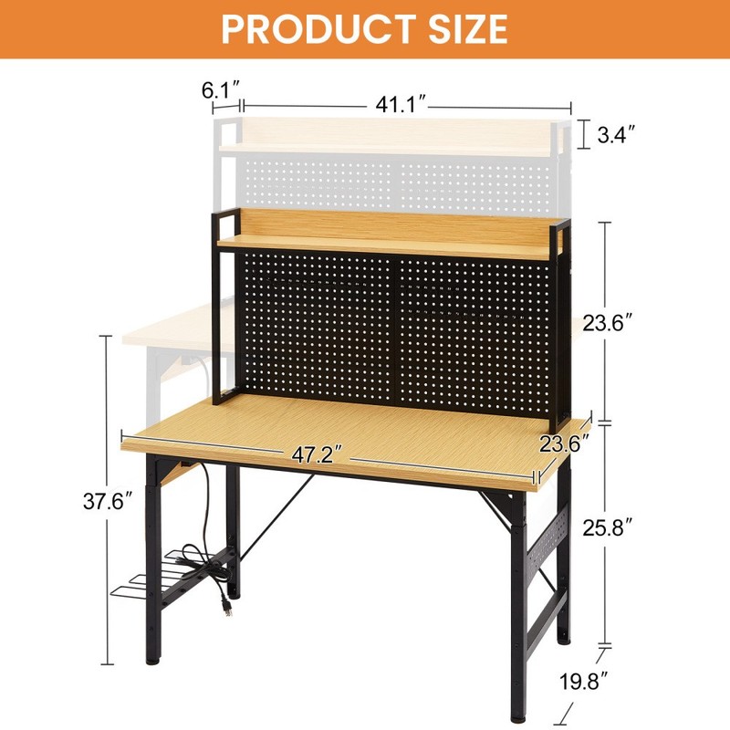 48''Adjustable Workbench with pegboard, Heavy Duty Wooden Desktop, 1600 lb. gallery