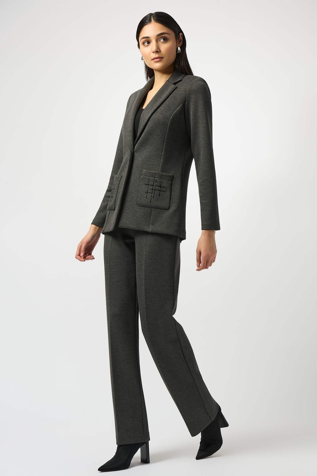 Joseph Ribkoff Grey Melange Mid-Rise Pull On Wide Leg Pants 253300-R gallery