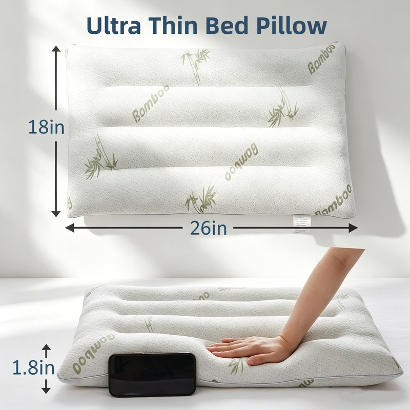 Ultra Thin Flat Pillow 2.5" Slim Support Pillow for Stomach Sleeper Bamboo Rayon gallery