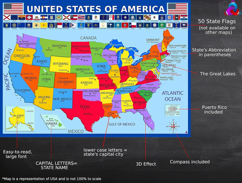 United States Map with State Flags Poster - Laminated 14X19.5 In. - Educational gallery