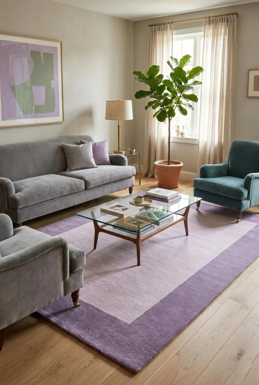 Soft Luxury Lavender Purple Border Rug, Modern Minimalist Area Rug, Handmade gallery
