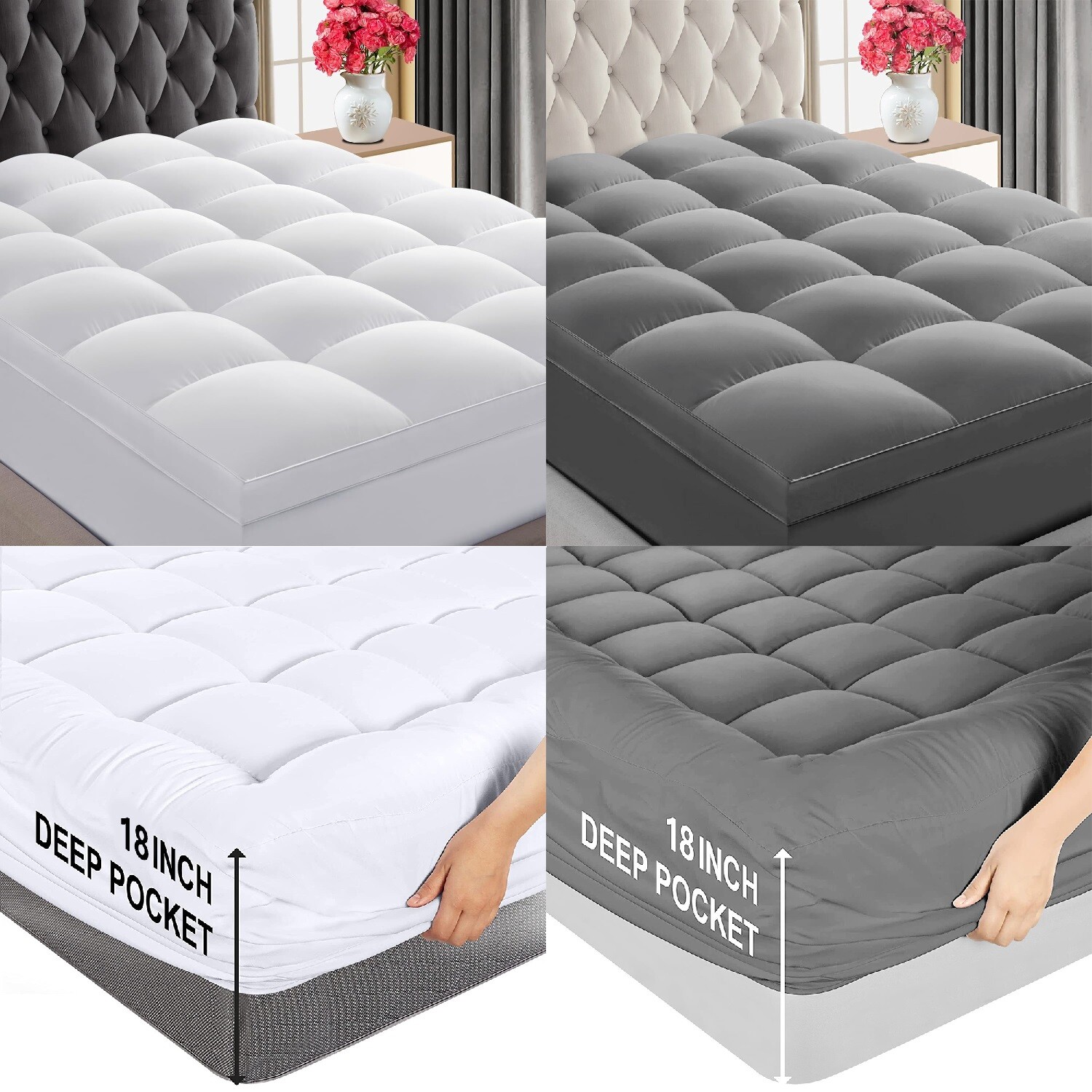 Quilted Fitted Mattress Topper Stretches Up to 18" Deep Pocket Breathable 4 Size gallery