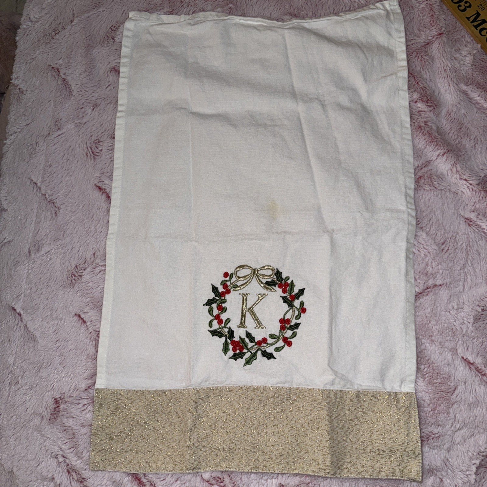 White Gold Kitchen Towel Embroidered “K” Christmas Wreath - gallery