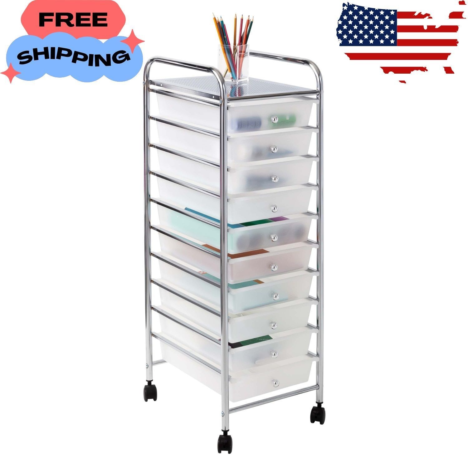 10-Drawer Multi-Color Rolling Craft Cart, Clear/Chrome gallery
